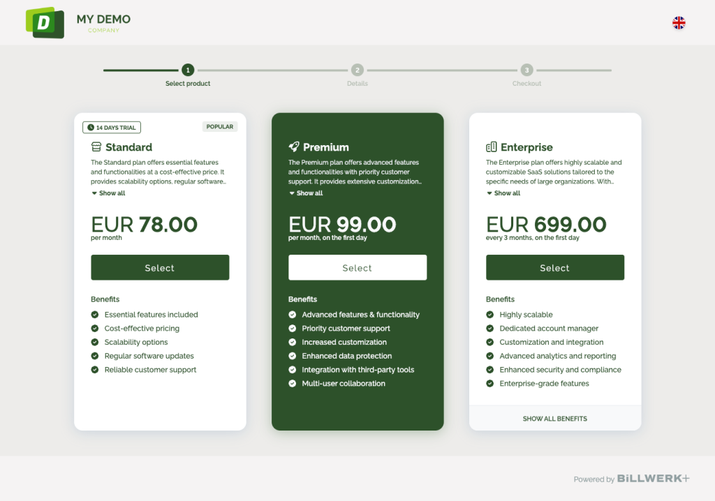 Hosted betalingsside. This hosted payment page shows the plans, that you would like your customer to choose from