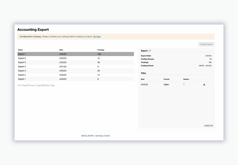 Billwerk+ Transform Screenshot of Accounting Export