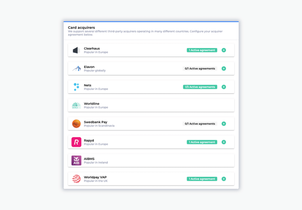 Billwerk+ Pay Screenshot of different card acquirers with some of them activated