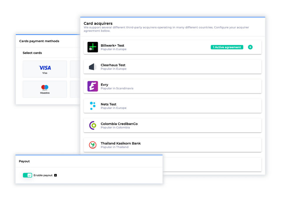 Billwerk+ Pay payment gateway screenshot of of different card acquirers, card payment methods and payout enablement