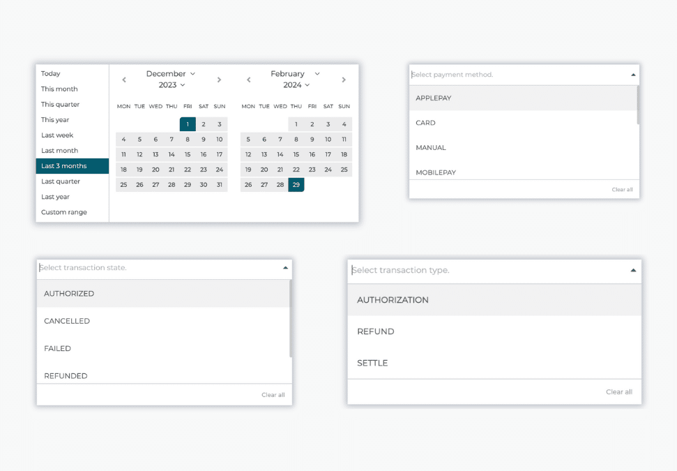 Billwerk+ Optimize & Pay screenshot of the Analyze filter options for the data dashboard such as date, payment methods, transaction states or transaction types