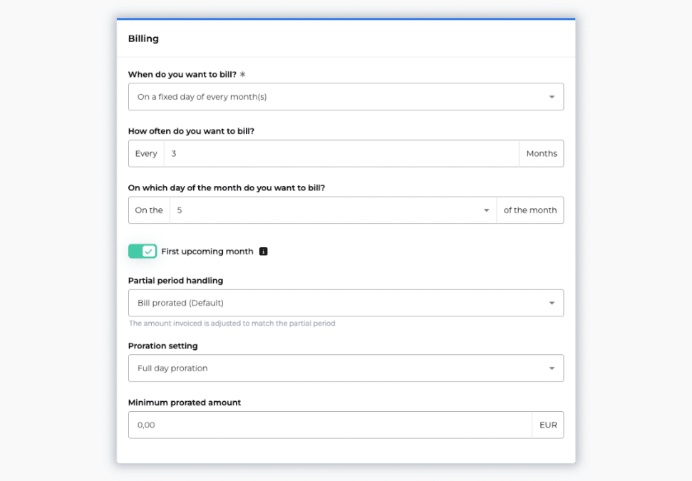 Billwerk+ Optimize billing overview with different options such as billing frequency, date, prorating, etc. 