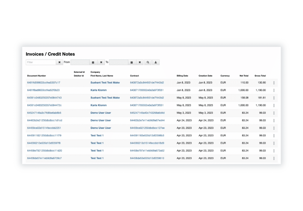 Billwerk+ Transform Screenshot of Invoices and credit notes overview