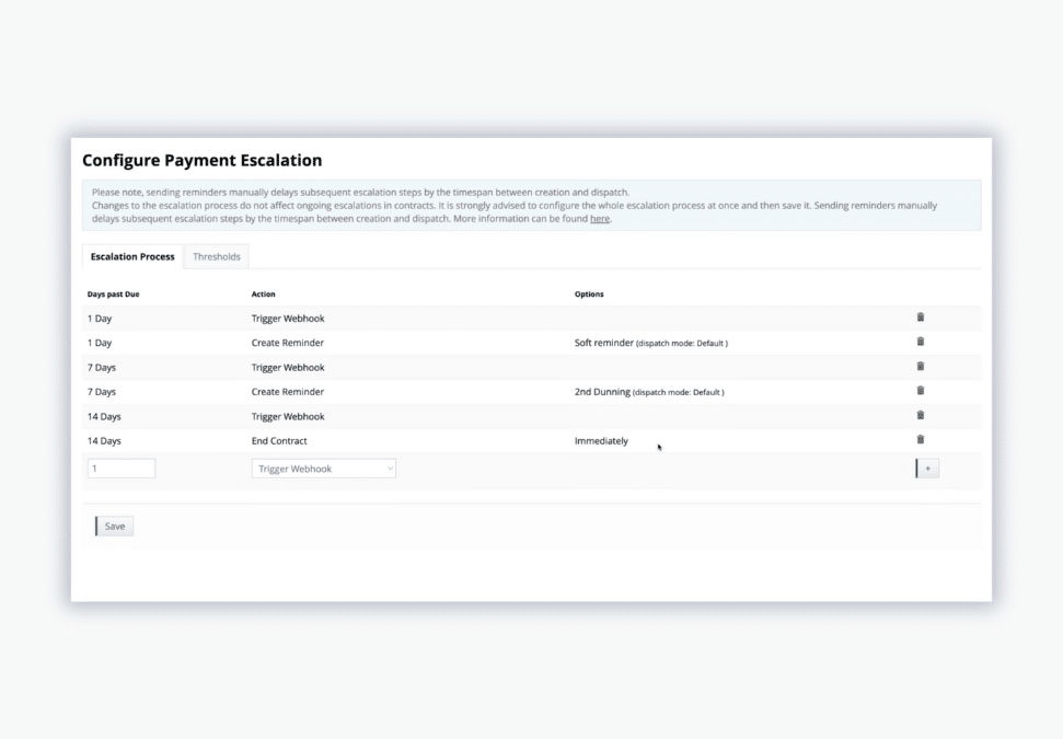 Billwerk+ Transform Screenshot of configuring the payment escalation process