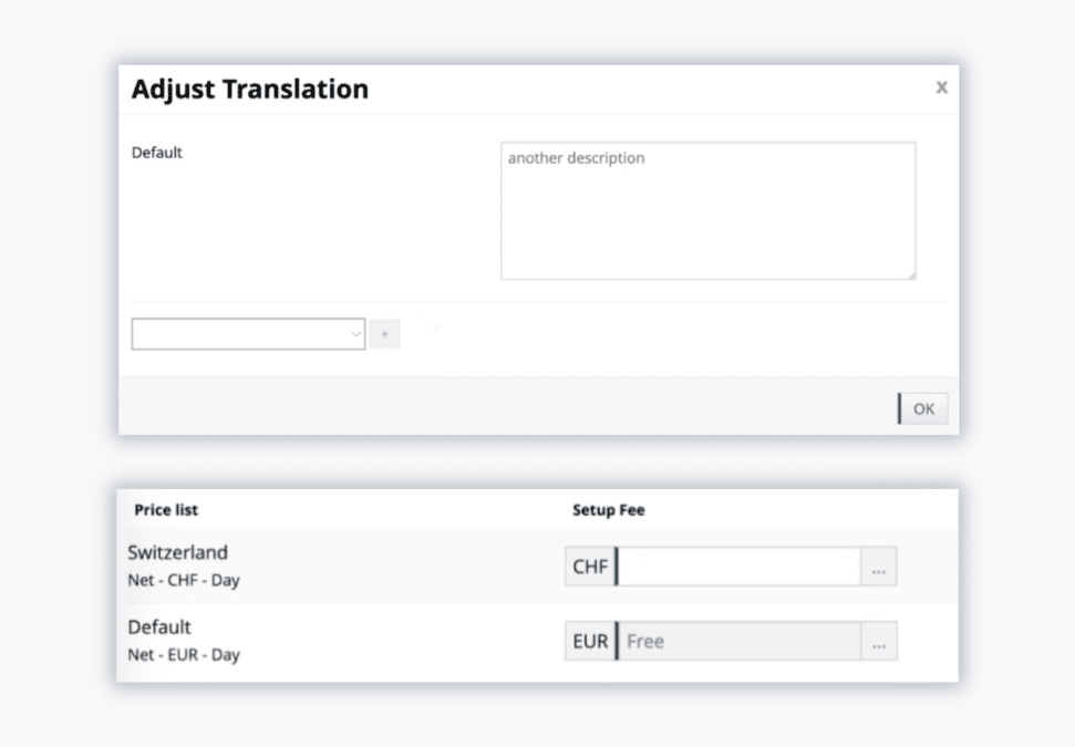 Billwerk+ Transform Screenshot of adjusting translations and of different currency options