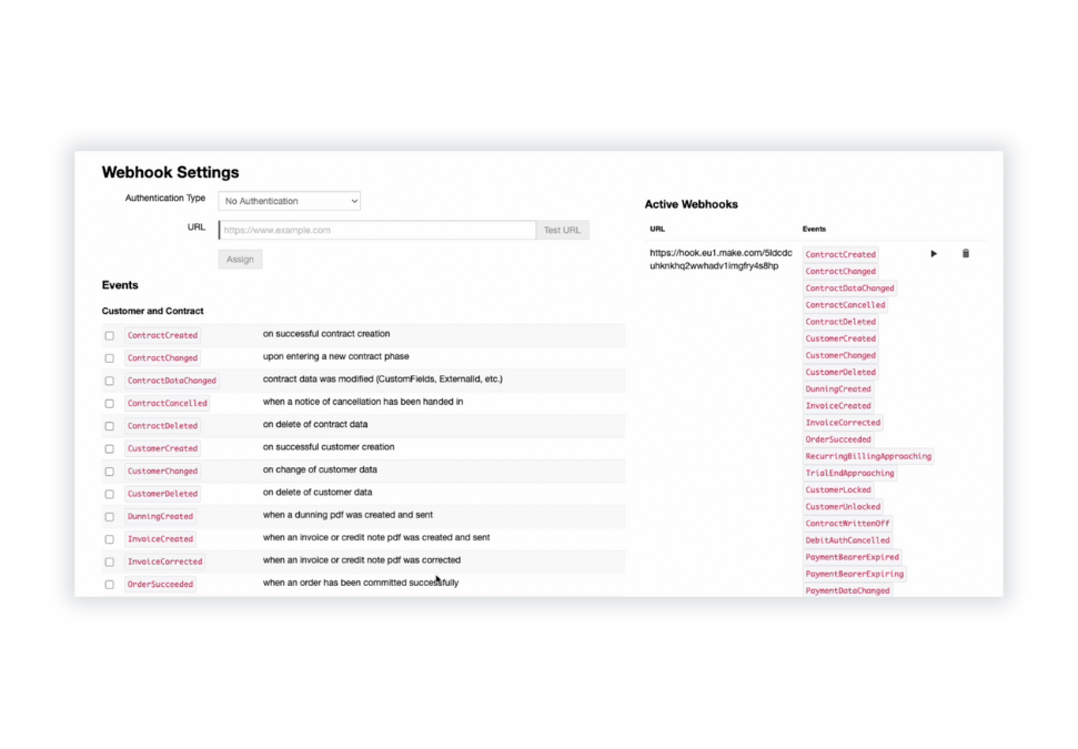 Billwerk+ Transform Screenshot of webhook settings overview
