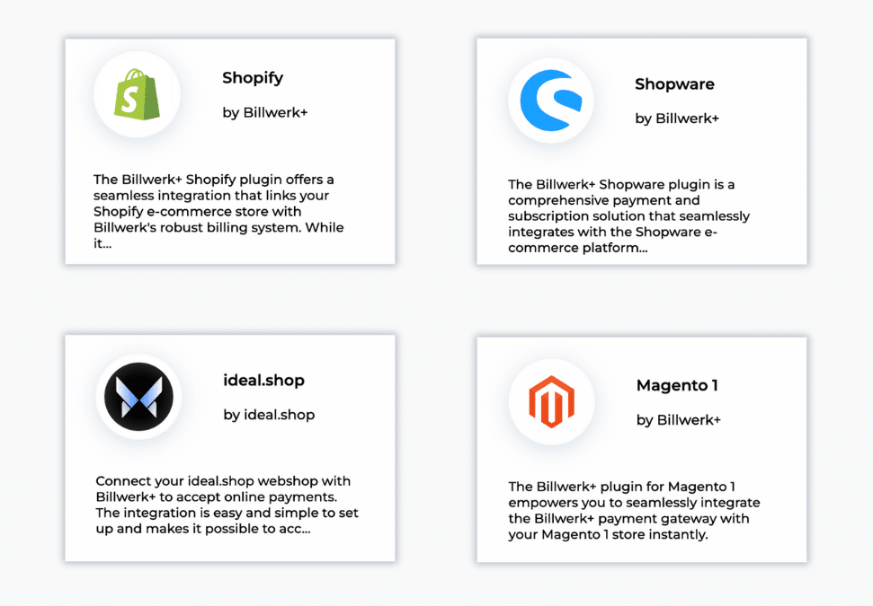 Billwerk+ Optimize & Pay eCommerce plugin selection: Shopify, Shopware, ideal Shop, Magenta
