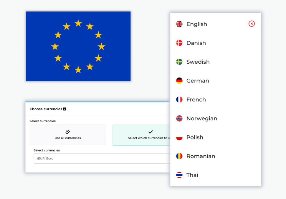 The EU flag as well as some localization options for Billwerk+ Optimize and Pay such as different backend languages and currencies. 