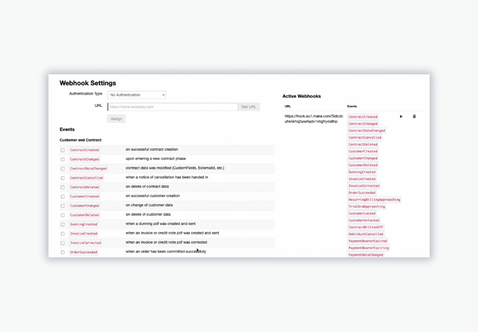 Billwerk+ Transform Screenshot of webhook settings overview