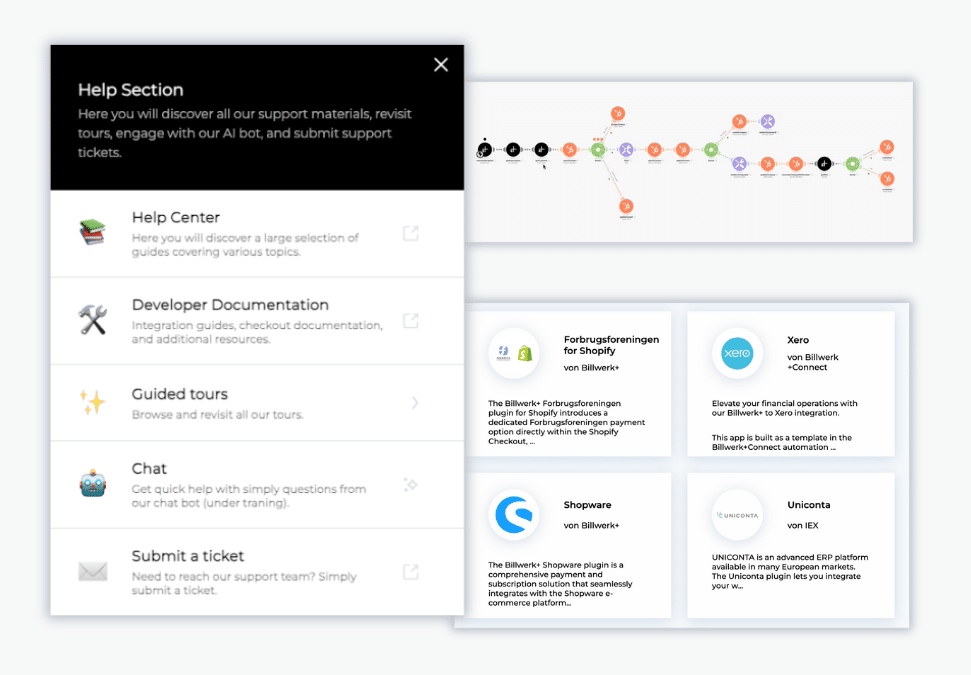 Billwerk+ Optimize and Pay screenshots of the help section, integration workflows and different plugins