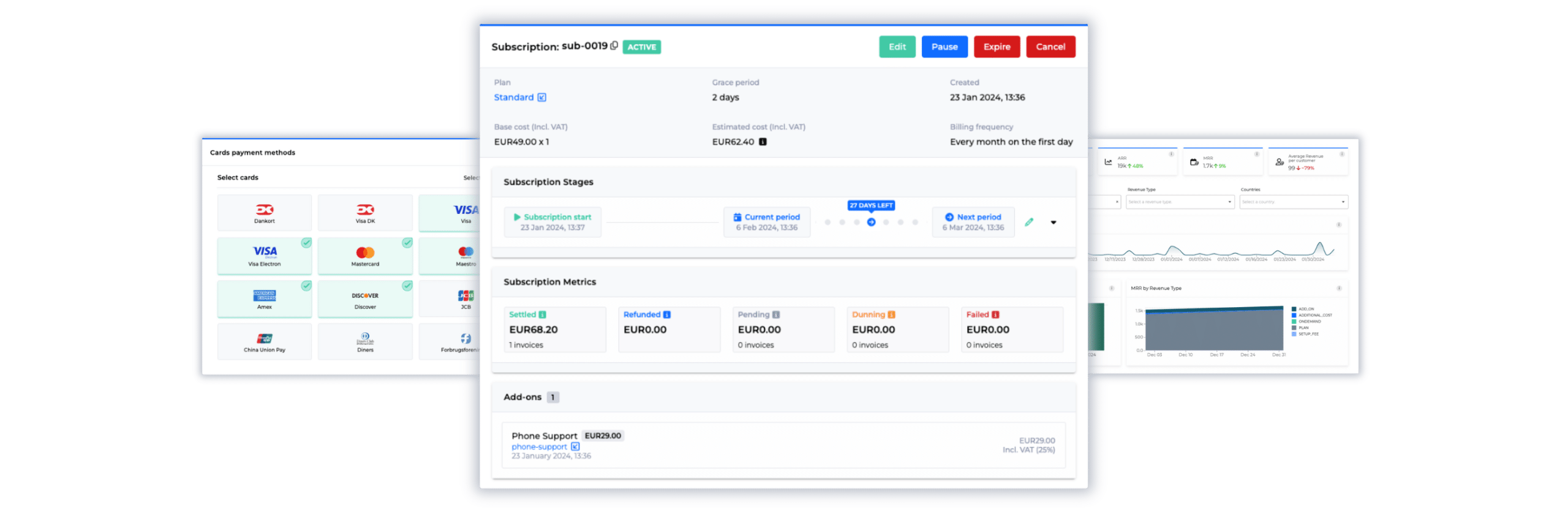 Billwerk+ Optimize subscription plan screenshot, mobile payments and dashboard