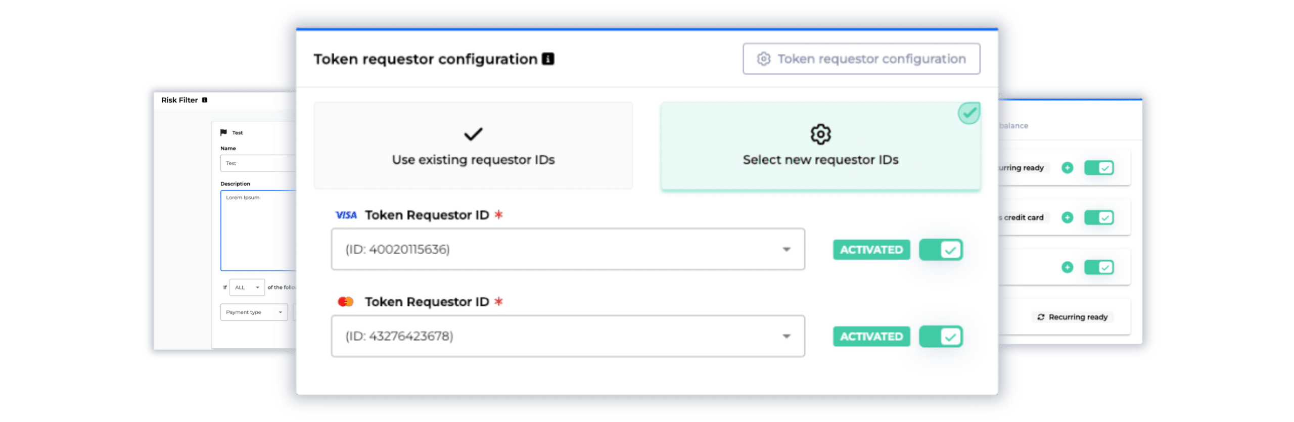 Screenshots of different Billwerk+ Pay payment gateway functions such as the token requestor configuration or the risk filter