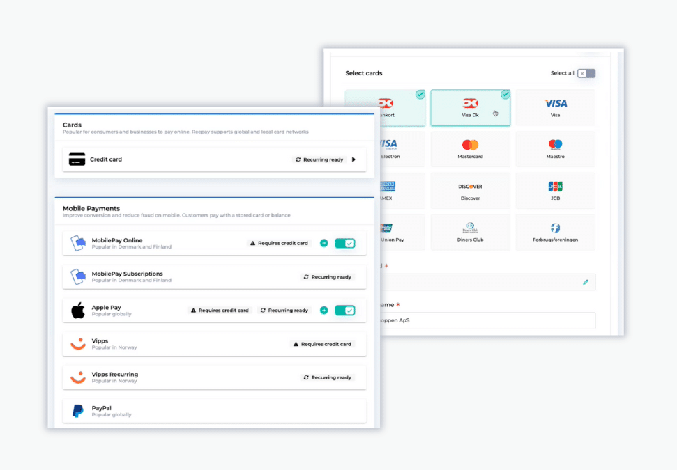 Billwerk+ Optimize and Pay screenshots of cards, mobile payments overviews