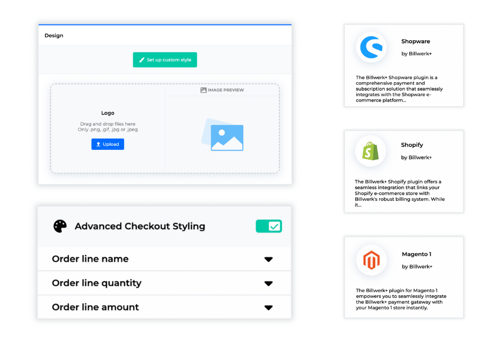 Billwerk+ Optimize and Pay screenshots of design options, shop plugins and advanced checkout styling.