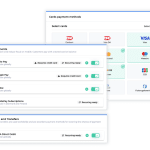 Billwerk+ Optimize and Pay screenshots of card payment methods, mobile payments and bank debits and transfers