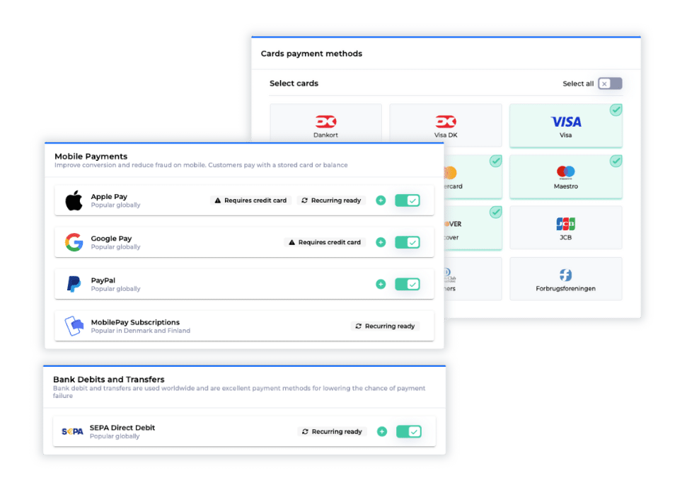 Billwerk+ Optimize and Pay screenshots of card payment methods, mobile payments and bank debits and transfers