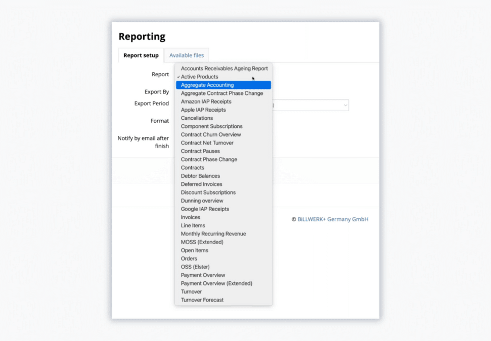 Billwerk+ Transform Screenshot of reporting overview