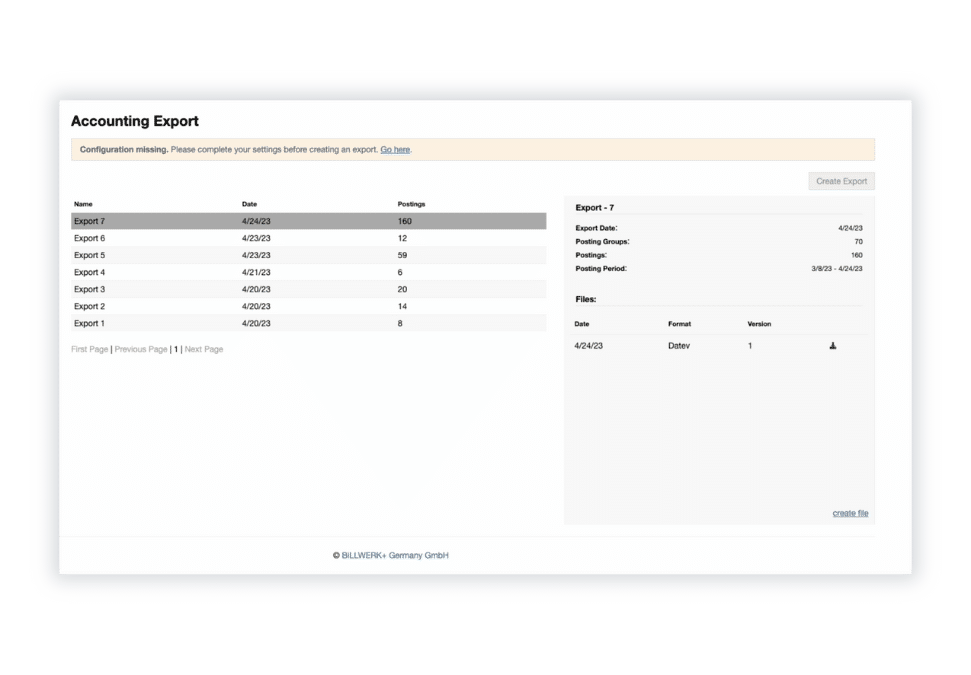 Billwerk+ Transform Screenshot of accounting export