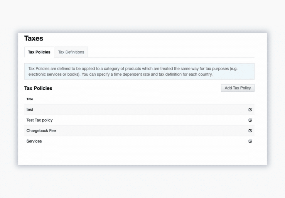 Billwerk+ Transform Screenshot of tax policies