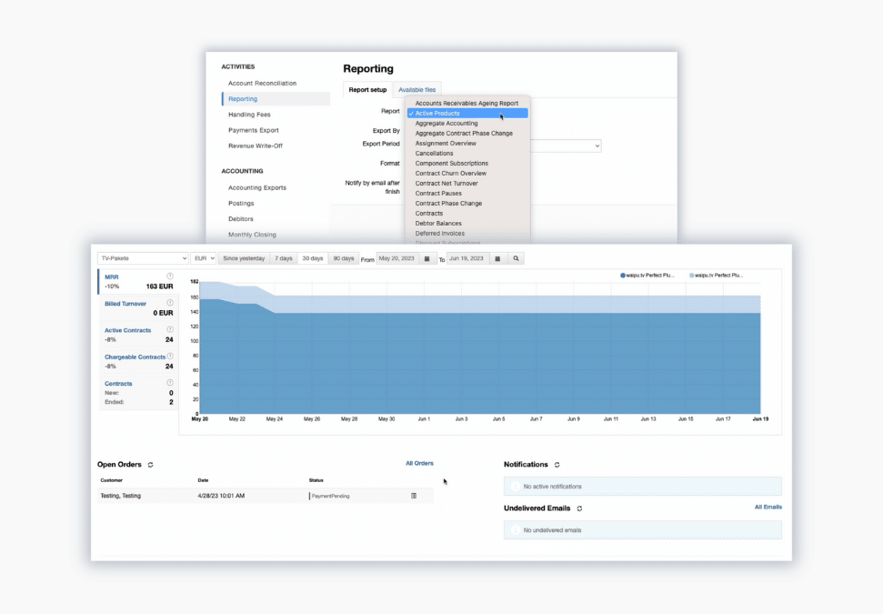 Billwerk+ Transform Screenshot of dashboard and reporting