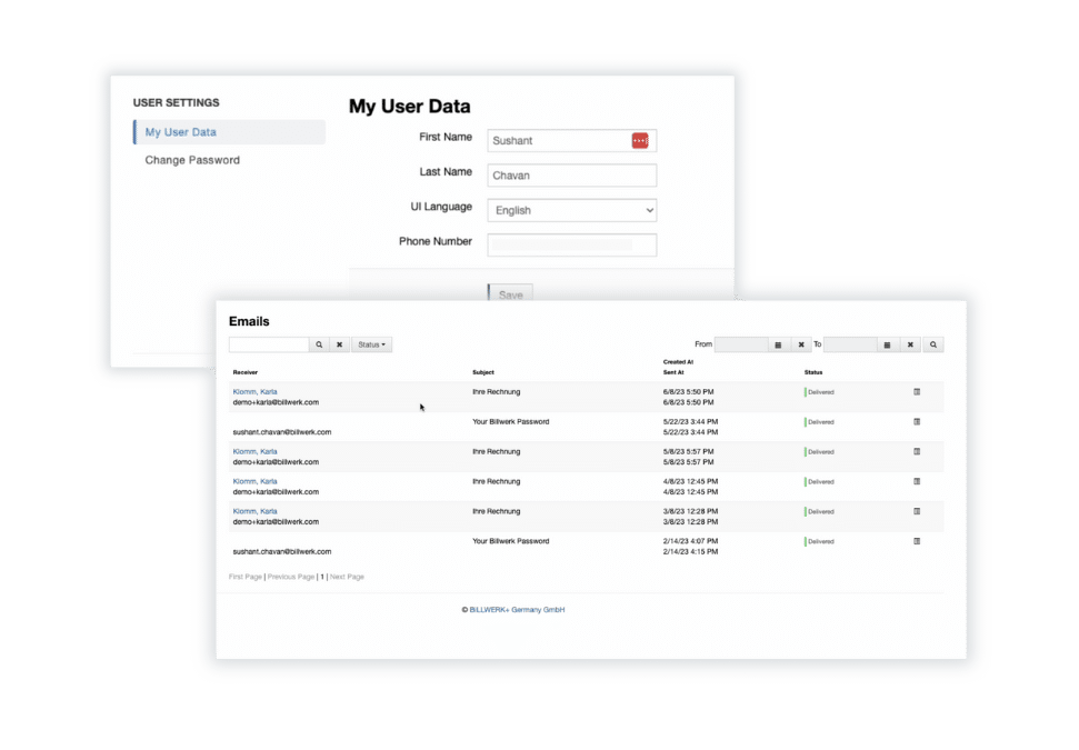 Billwerk+ Transform Screenshot of customer portal user data and email overview