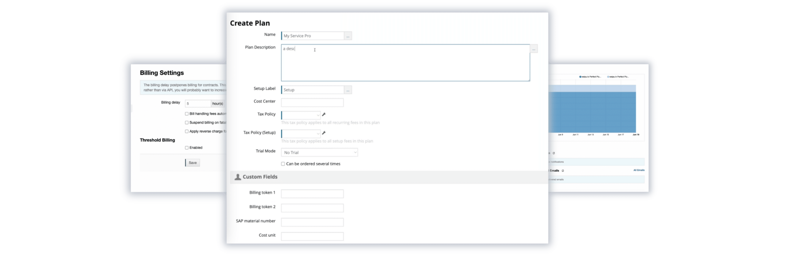 Billwerk+ Transform Screenshot of creating a plan, dashboard and billing settings