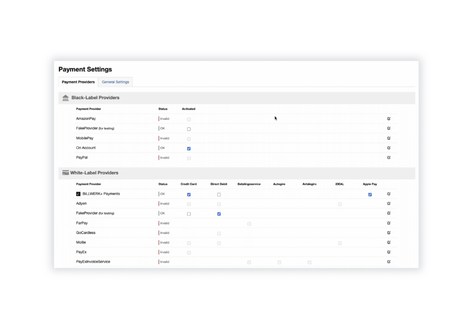 Billwerk+ Transform Screenshot of payment settings (black and white lavel proviers)