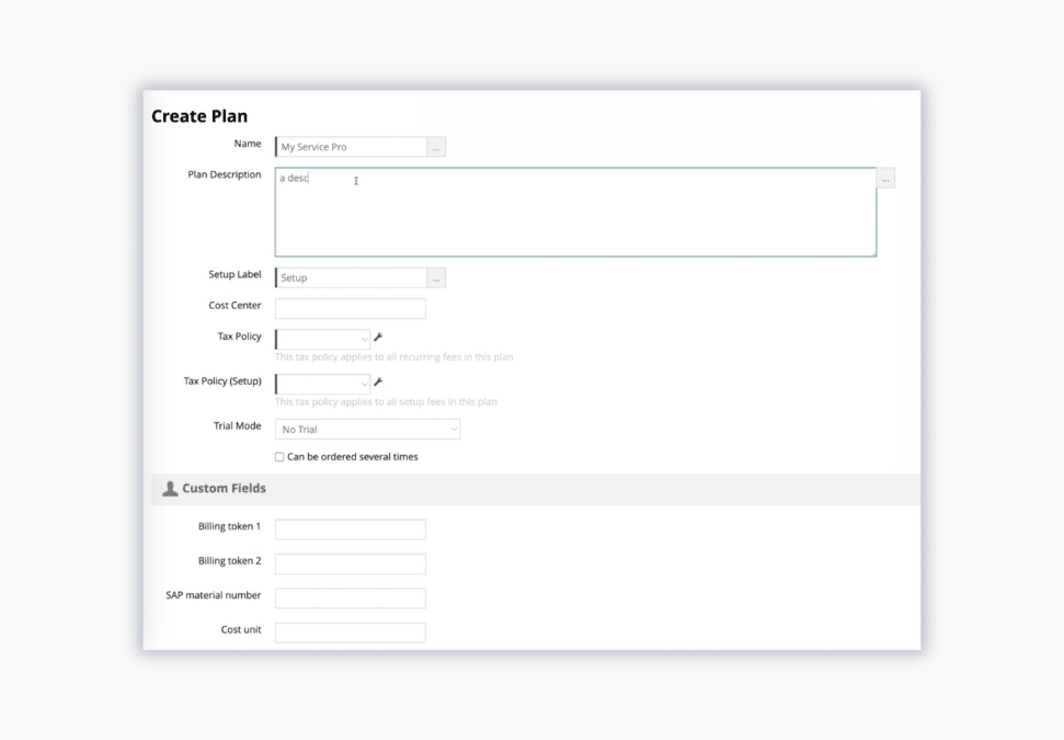 Billwerk+ Transform Screenshot of creating a plan