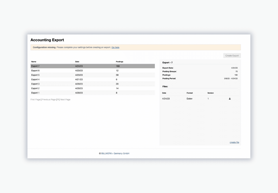 Billwerk+ Transform Screenshot of accounting export overview