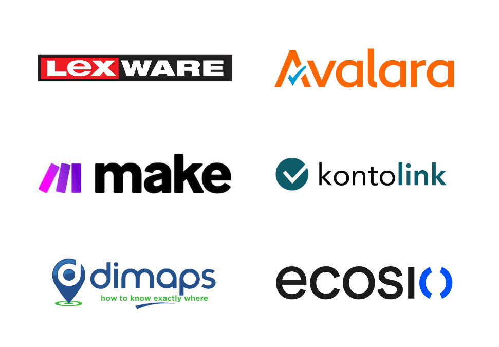Logos: Lexware, Avalara, make, kontolink, dimaps, ecosio